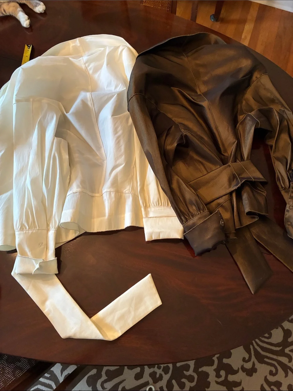 Samuel Dong Satin Wrap Blouse in Brown and Cream